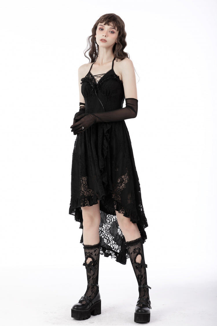 Black Off Shoulder Halterneck Ruffled Lace-Up Swallow Tail Floral Lace Women's Gothic Dress