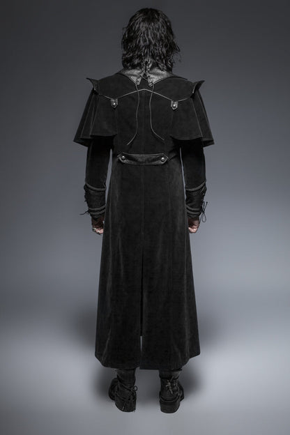 Black Leather Stand-Up Collar Metal Buckle Decoration Mens Steampunk Long Coat