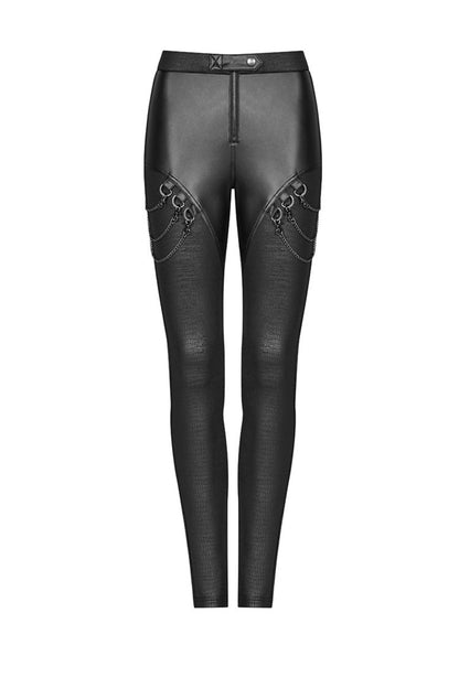 Black Crack Velvet Splice Knit PU Leather Metal Buckle Connect Chain Women's Punk Leggings