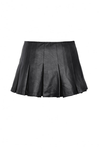 Black Low Waisted Buckle-Up Women's Punk PU Leather Pleated Mini Skirt