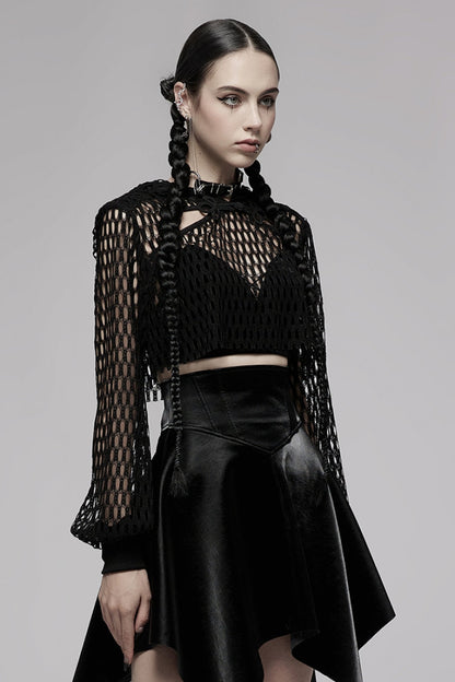 Black Long Sleeves Hollow Hooded Buckle Decoration Women's Punk Blouse