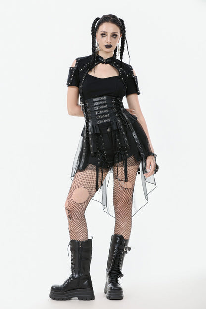 Black High Waisted Lace-Up High/low Mesh Women's Punk Skirt