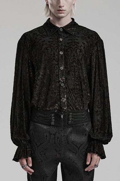 Black Lapel Collar Long Trumpet Sleeves Bronzing Pattern Print Mens Gothic Gorgeous Blouse
