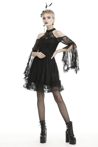 Black Off Shoulder Halterneck Long Sleeves Lace Women's Gothic Dress