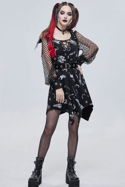 Black Gothic Knit Bone Print Sling Metal Grommet Strap Design Long Sleeve Women's Dress
