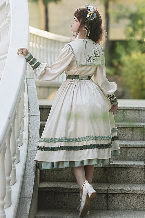 Beige Embroidered Large Lapel Collar Long Sleeves High Waisted Long Sweet Lolita OP Dress