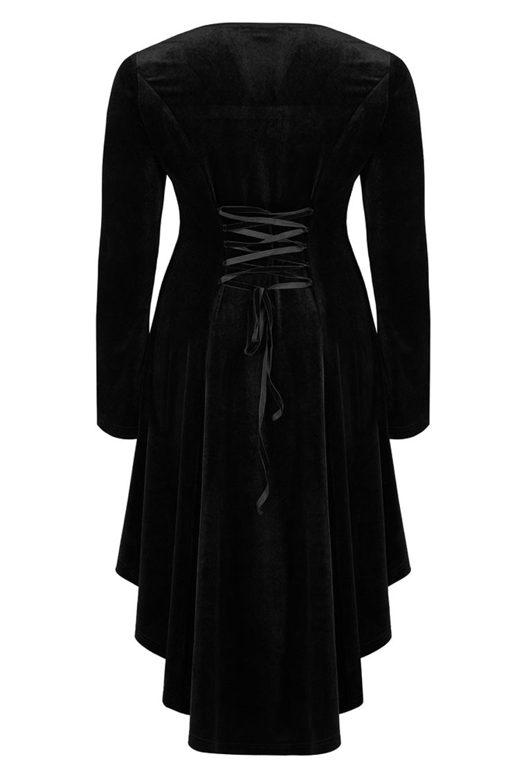 Black Gorgeous Velvet Fabric Embroidered Jacquard Neckline Irregular Hem Trumpet Sleeve Women's Gothic Dress