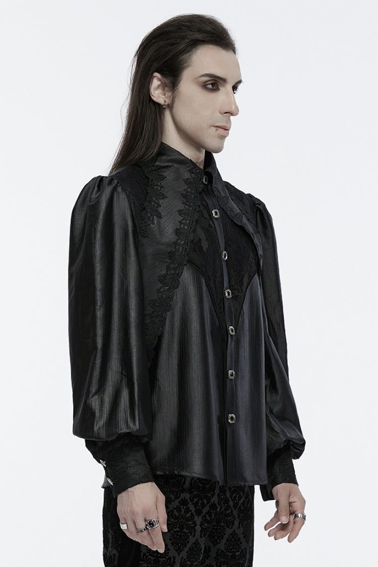 Black Long Puff Sleeves Spliced Lace Men's Gothic Shirt