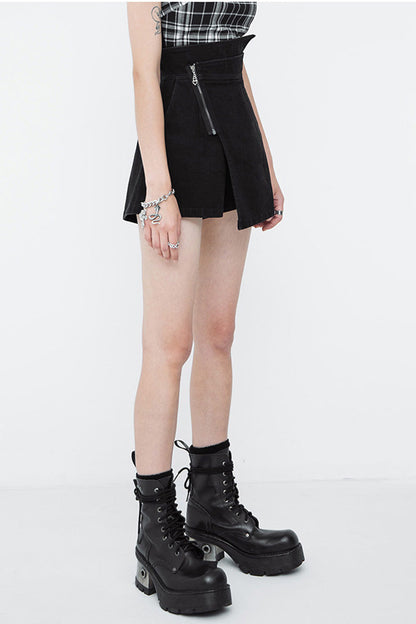 Black Metal Zipper High Waist Irregular Hem Women's Punk A-Line Shorts