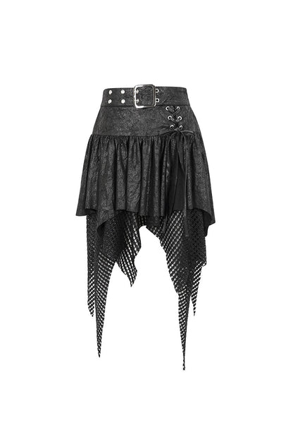 Black Lrregular Mesh Splice Buckle Women's Gothic Skirt