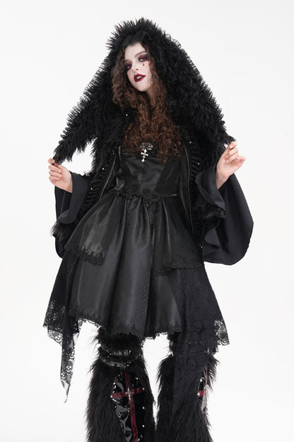 Black Long Sleeves Lace Hooded Zipper Chain Women's Gothic Jacket