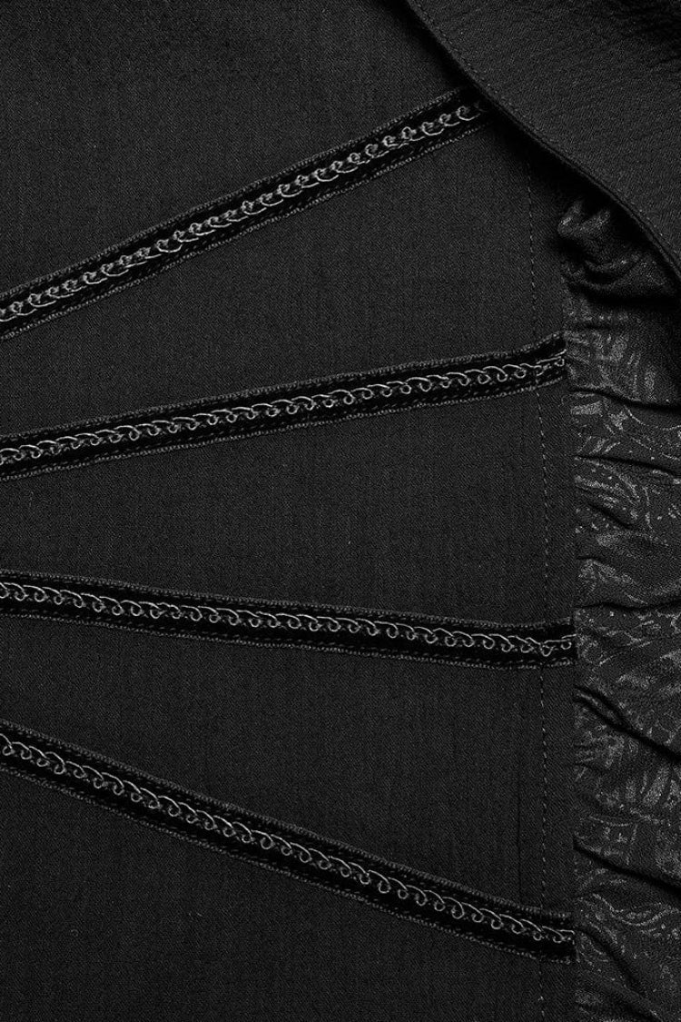 Black Hand-Stitched Button Pleated Long Puff Sleeves Ruffle Mens Gothic Blouse
