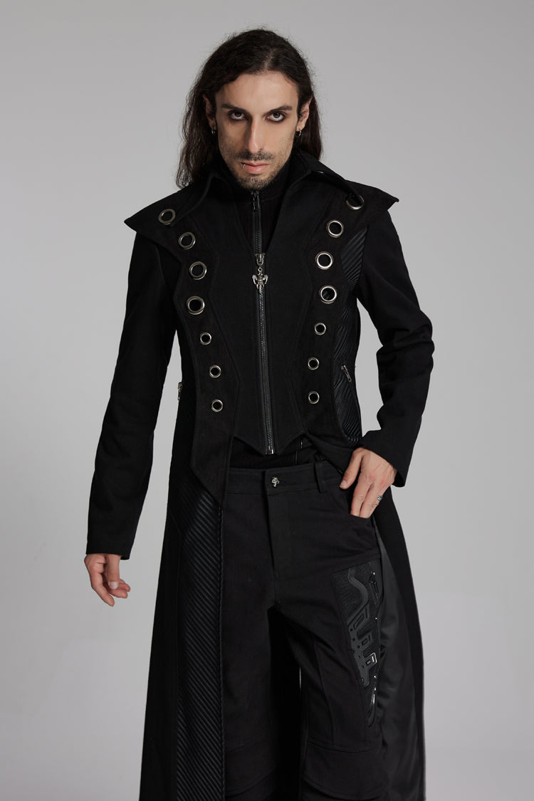 Black Metal Ring Zipper Long Sleeves Men's Punk Long Jacket