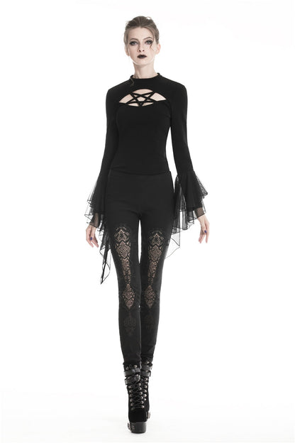 Black Floral Cut-Out Lace-Up Women's Gothic Leggings