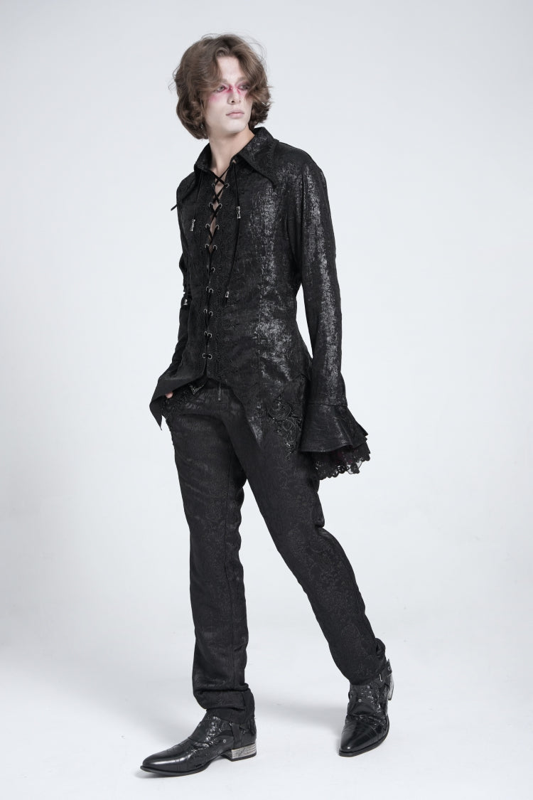 Black Long Trumpet Sleeves Lace-Up Men's Gothic Swallow-tailed Blouse