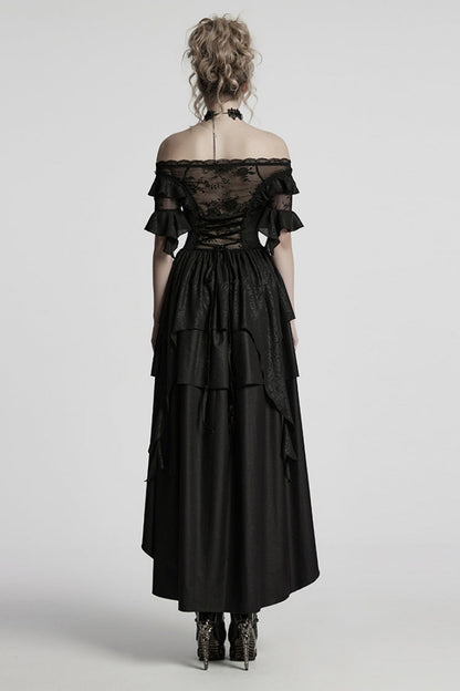 Black Off Shoulder Ruffle Sheer Women's Gothic High/low Prom Dress