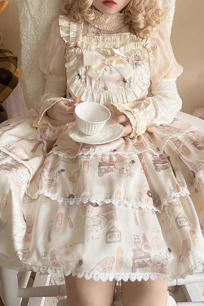 Beige Sleeveless Triple-Layered Print Ruffle Bowknot Sweet Plus Size Lolita Jsk Dress