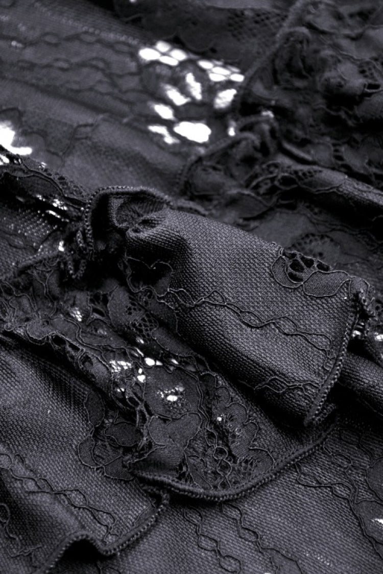 Black Boat Neck Off Shoulder Short Puff Sleeves Ruffled Lace Lace-Up Irregular Women's Gothic Dovetail Dress