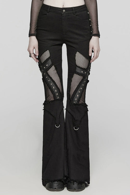 Black Mesh Women's Punk Eyelet Ring Flared Pants