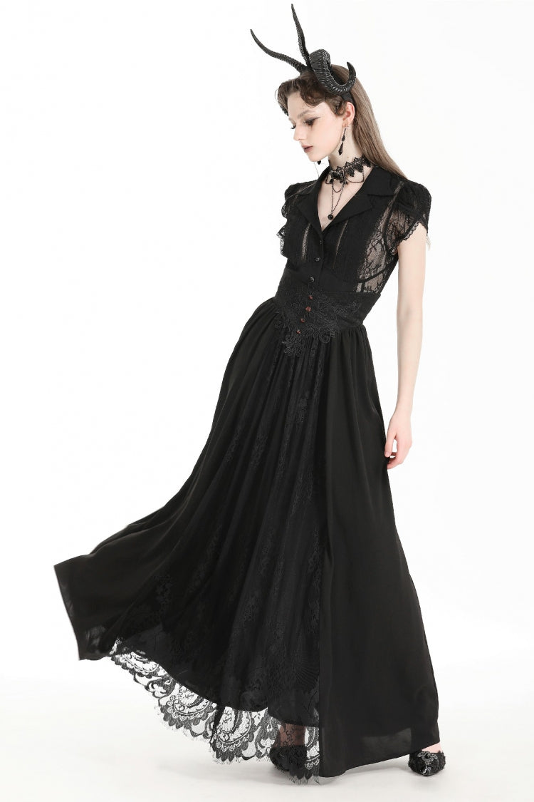 Black High Waisted Heart Embroidered Lace Women's Gothic Maxi Skirt