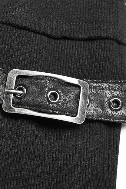 Black High Collar Long Sleeves Zipper Leather Buckle Women's Steampunk T-Shirt