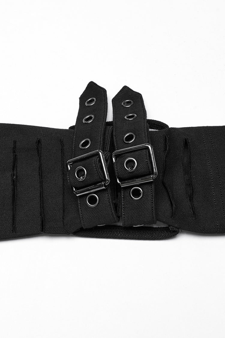 Black Long Sleeves Hooded Ripped Buckle Women's Punk Long Coat