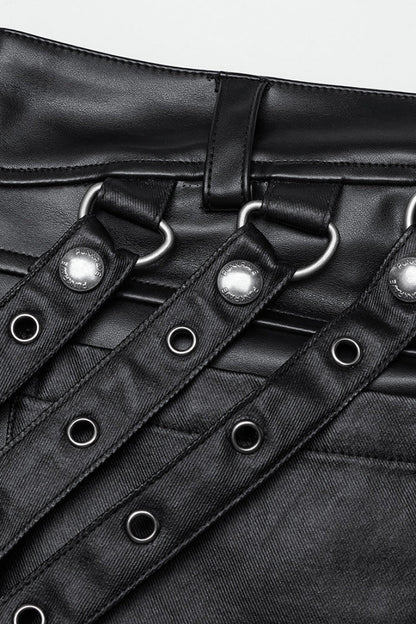 Black Mesh Buckle Strap Men's Punk Pants