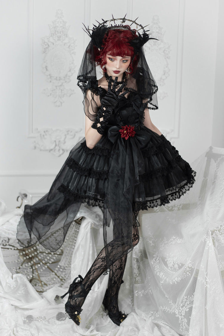 Black Multi-Layered Ruffled Hanayome Bow Pearl-Decorated Gothic Lolita Jsk Dress Full Set 2 Versions
