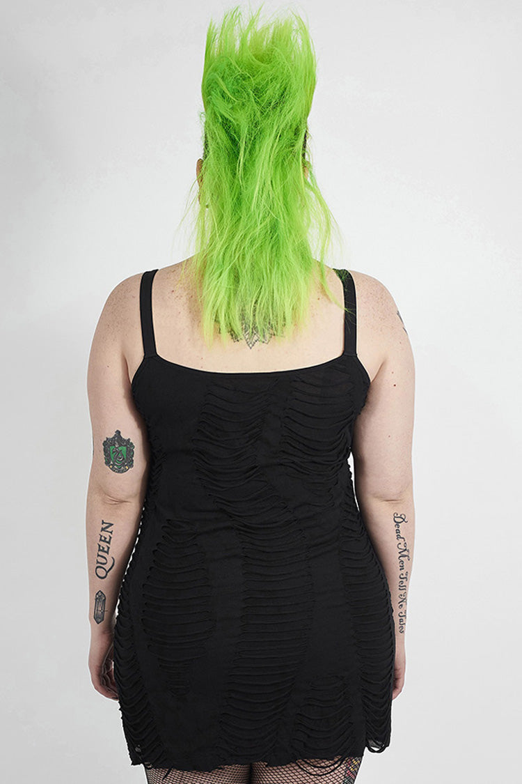Black Metal Eyelets Strap Irregular Knit Plus Size Women's Punk Sling Dress
