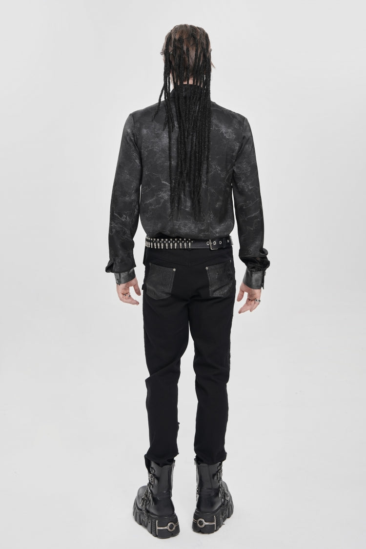 Black Long Sleeves Print Stitching Asymmetric Bullet Men's Punk Blouse