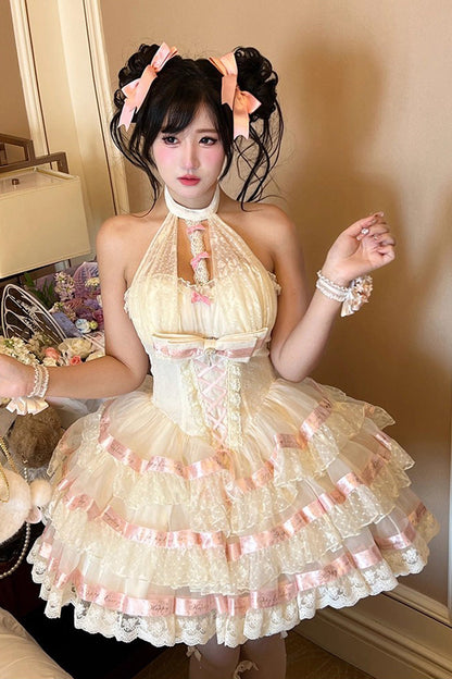 Beige [Ballet Dream] Halterneck Triple-Layered Ruffle Bowknot Lace-Up Sweet Princess Lolita Dress