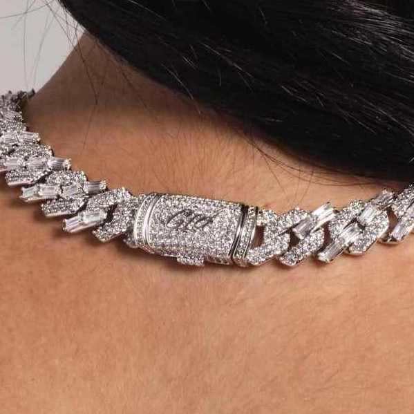 12mm Mixed Stone Diamond Cuban Necklace- White Gold