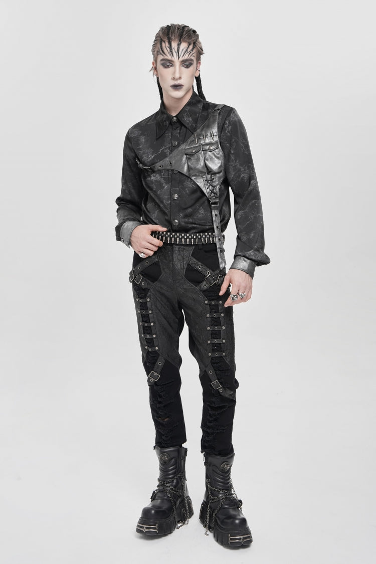 Black Long Sleeves Print Stitching Asymmetric Bullet Men's Punk Blouse