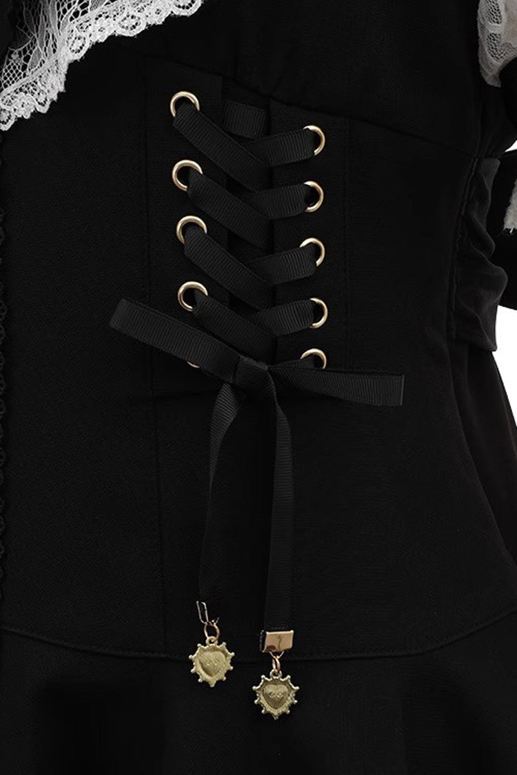 Black Japanese Diamond Buckle Heart Bow Lace Sweet Jirai Kei Dress Fake Two-piece Set