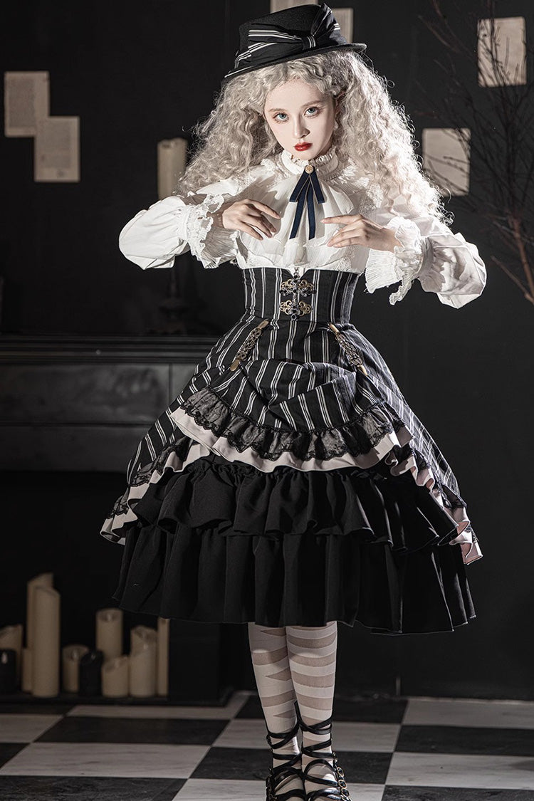 Black Point Manor Multi-layer Striped Print Ruffle Gothic Lolita Skirt