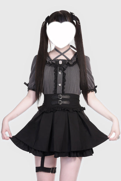 Black Leather Buckle Leg Ring Double-Layered Ruffle Sweet Jirai Kei Japanese Skirt