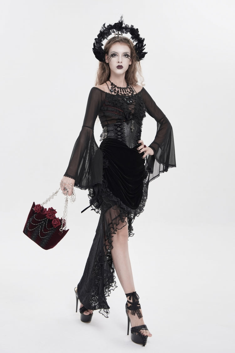 Black Embroidered Rose Lace-up Irregular Women's Gothic Hem Skirt