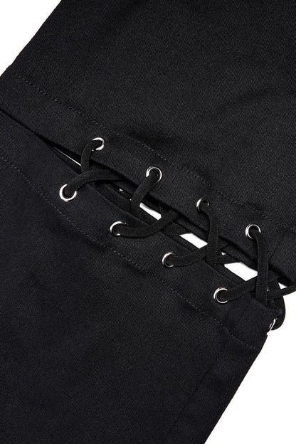 Black Hollow Lace Slim Detachable Belt Women's Steampunk Flared Leggings