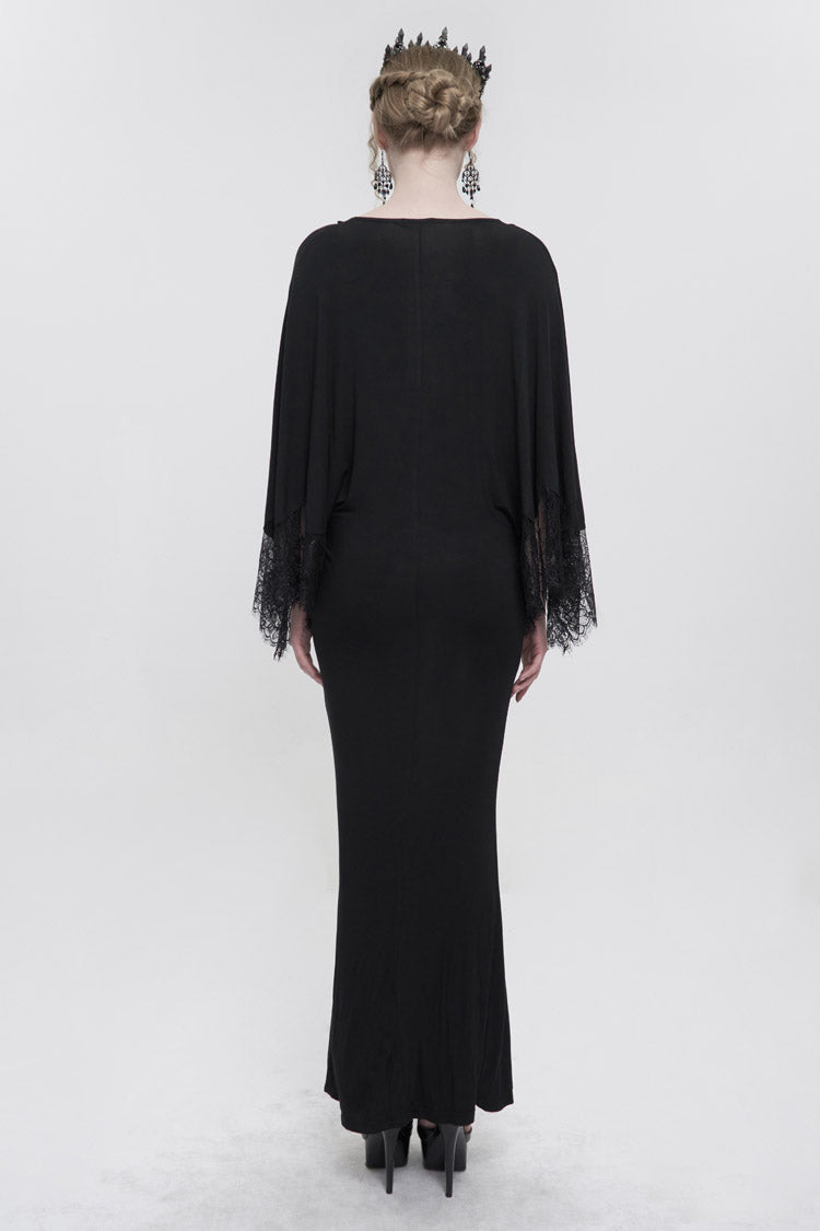 Black Deep V Neck Bat Sleeve Chest Appliqu Lace Bead Buckle Connection Small Fishtail Long Women's Gothic Dress