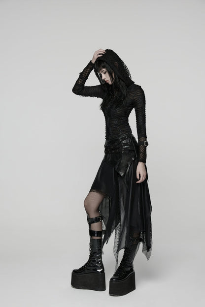 Black Double-Layered Irregular Eyelet Women's Punk rregular Wasteland Skirt