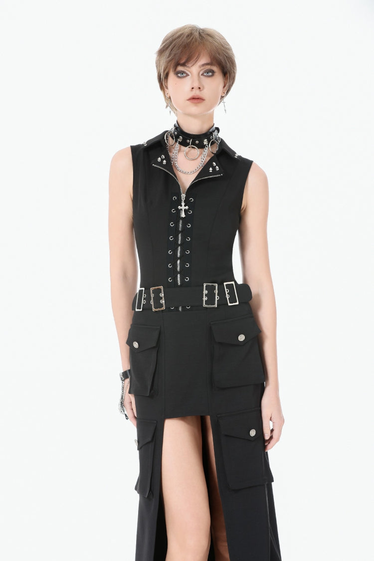 Black Lapel Collar Sleeveless Lace-Up Studded Zippered Eyelet Women's Punk Vest