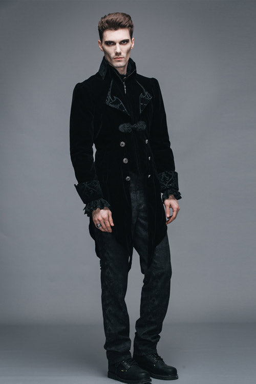 Black Embroidered Collar Long Sleeves Mens Velveteen Tuxedo Gothic Coat