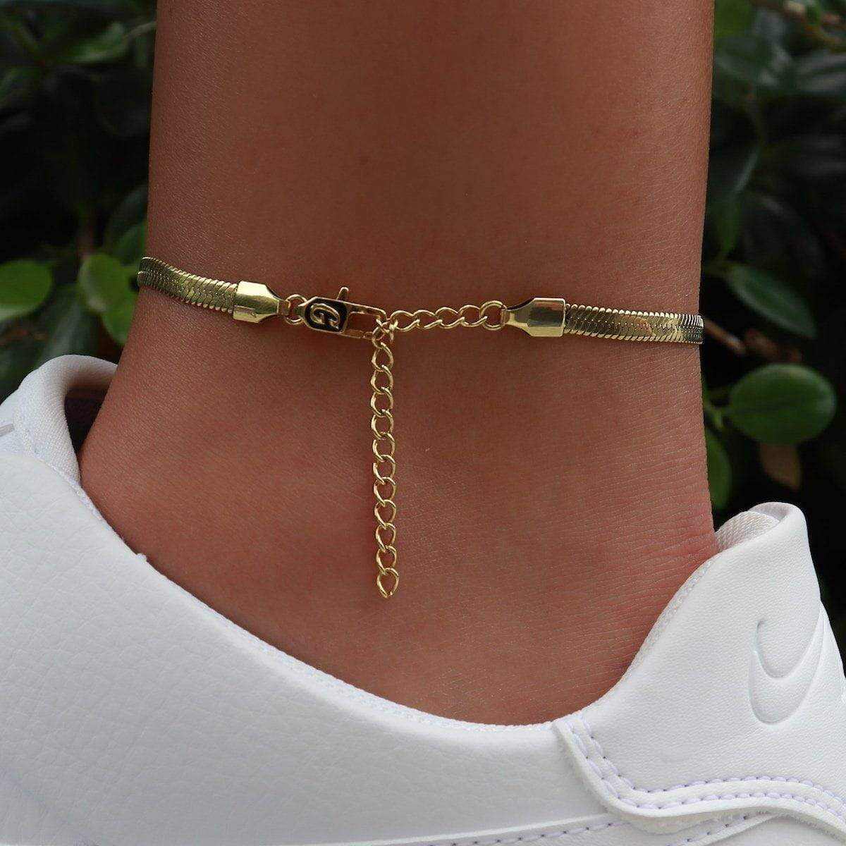 14k Solid Gold 4mm Herringbone Anklet
