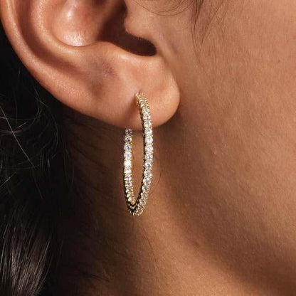 14k Solid Gold Small Eternity Hoop Earrings in Yellow Gold-VS Diamonds
