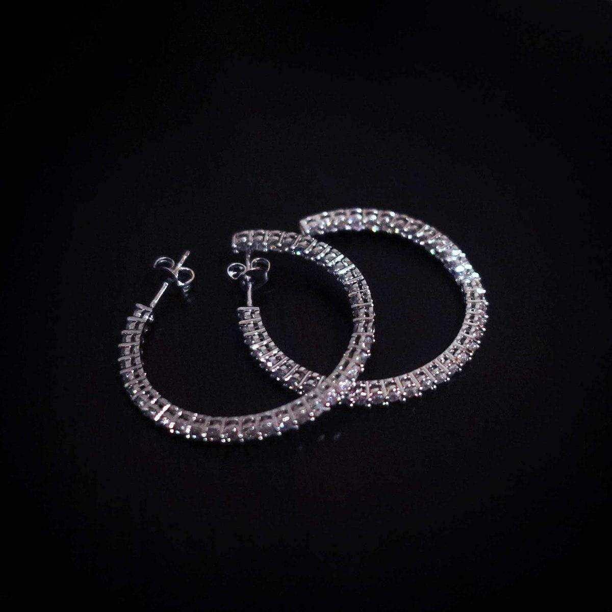14k Solid White Gold Small Eternity Hoop Earrings in White Gold-VS Diamonds