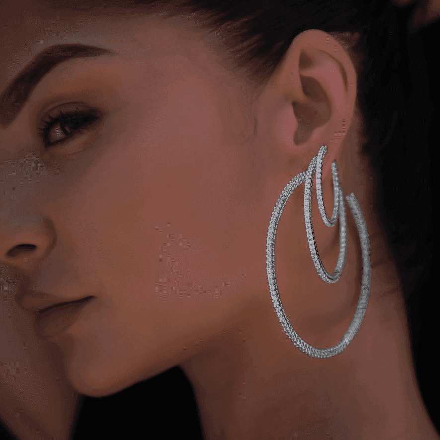 14k Solid White Gold Small Eternity Hoop Earrings in White Gold-VS Diamonds