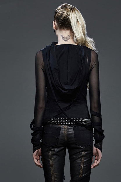 Black Long Sleeves Hooded Sheer Mesh Straps Women's Punk Coat