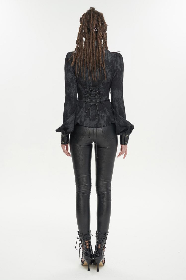Black Leather lapel Heart Cutout Puff Sleeved Women's Gothic Shirt