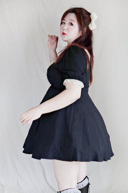 Black Lace Round Collar Short Sleeves High Waisted Plus Size Sweet Lolita Dress