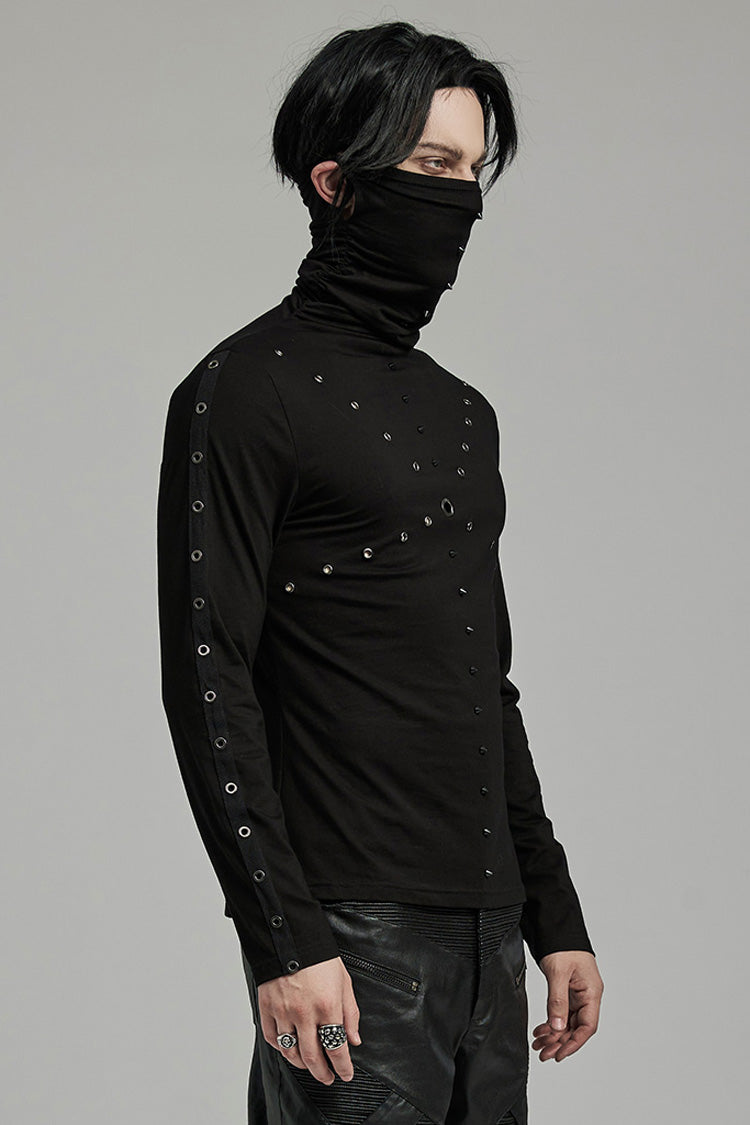 Black Long Sleeves Rivet Mesh Men's Punk Blouse with Undetachable Mask